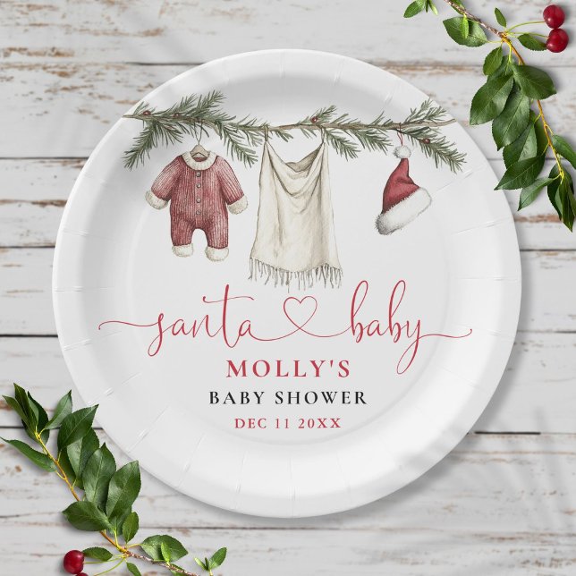 Prato De Papel Roupa de Bebê Papai Noel Varal Chá de Bebê de Inve (Santa Baby Clothesline Winter Baby Shower Paper Plates)