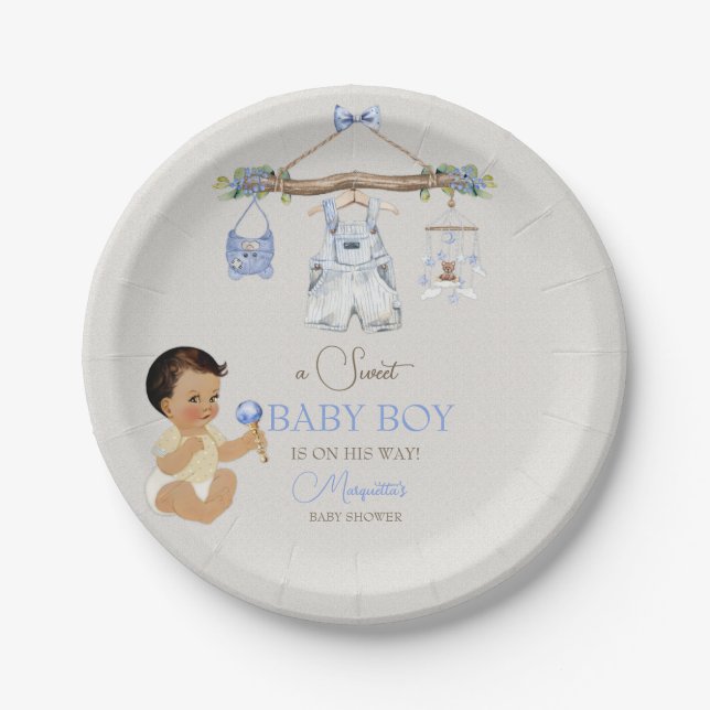 Prato De Papel Roupas de Bebê Menino Chá de Bebê Bege Azul (Frente)