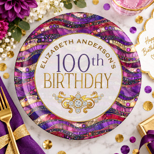 Prato De Papel Roxo e Dourado Estratos com Joias 100º Aniversário