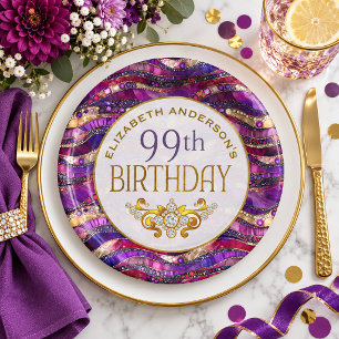 Prato De Papel Roxo e Dourado Estratos com Joias Aniversário de 9