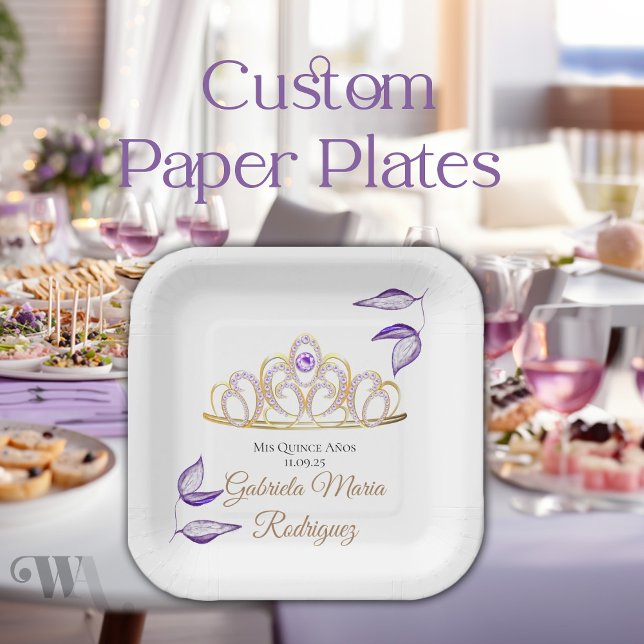 Prato De Papel Roxo Elegante deixa Dourada Tiara Quinceañera (Criador carregado)