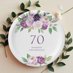 Prato De Papel Roxo Elegante Violet Floral 70 Birthday