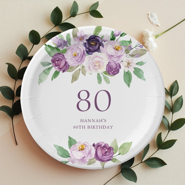 Prato De Papel Roxo Elegante | Violet Floral 80 Birthday (Criador carregado)