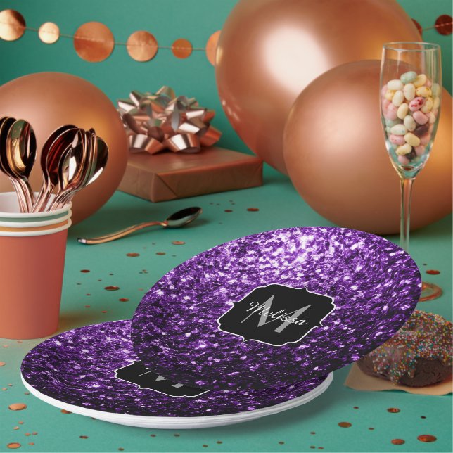 Prato De Papel Roxo escuro falso brilho brilhante faísca Monogram (Múltiplo)
