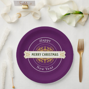 Prato de Papel Roxo Feliz Natal, Feliz Ano Novo