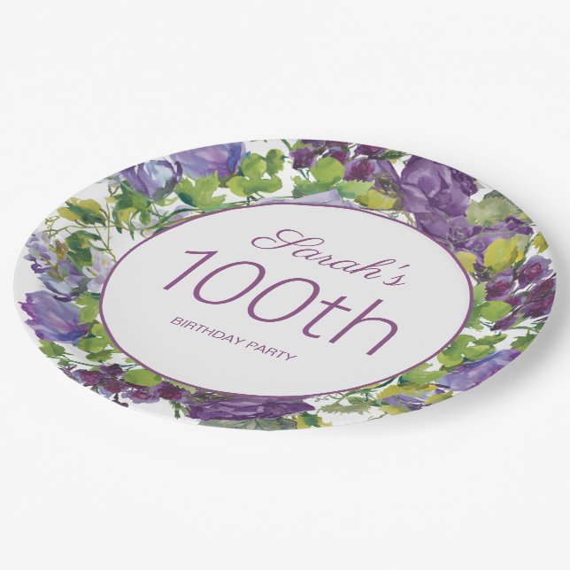 Prato De Papel Roxo Floral Verde Deixa Vinhas 100º Aniversário (Inclinado)