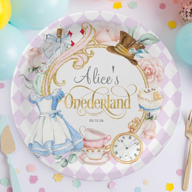 Prato De Papel Roxo, Onederland, festa de chá, primeiro aniversar (Purple, Alice Onederland, girl 1st birthday, Mad hatter tea party birthday paper plate.)