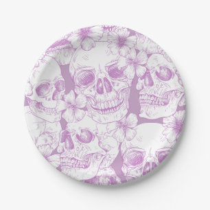 Prato De Papel roxo pastel floral Caveiras flores esqueleto