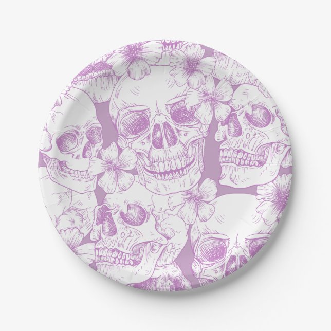 Prato De Papel roxo pastel floral Caveiras flores esqueleto (Frente)