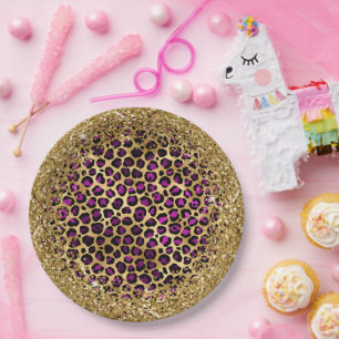 Prato De Papel Roxo Preto e Dourado Glittery Foil Leopardo Glam