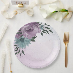 Prato De Papel roxo romântico e flores azuis