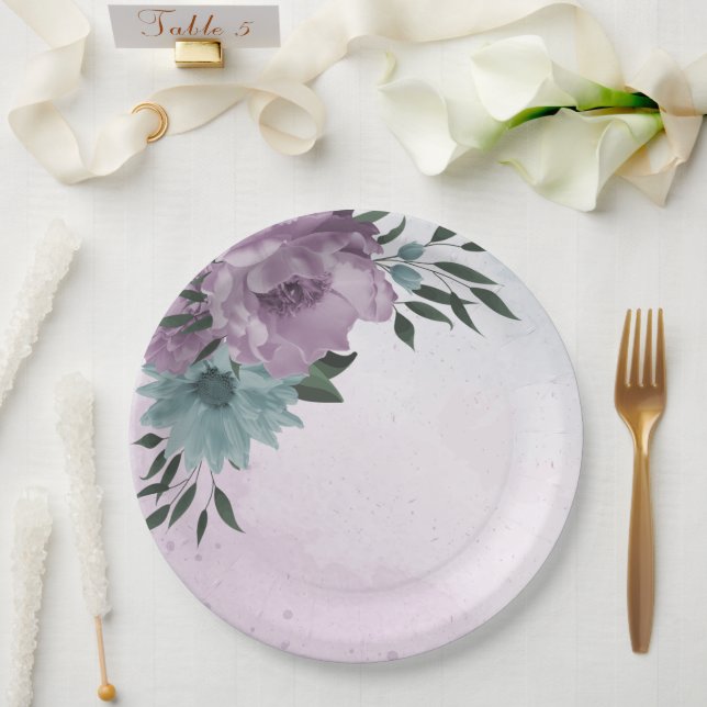 Prato De Papel roxo romântico e flores azuis (Casamento)