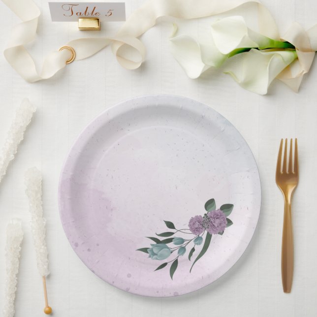 Prato De Papel roxo romântico e flores azuis (Casamento)
