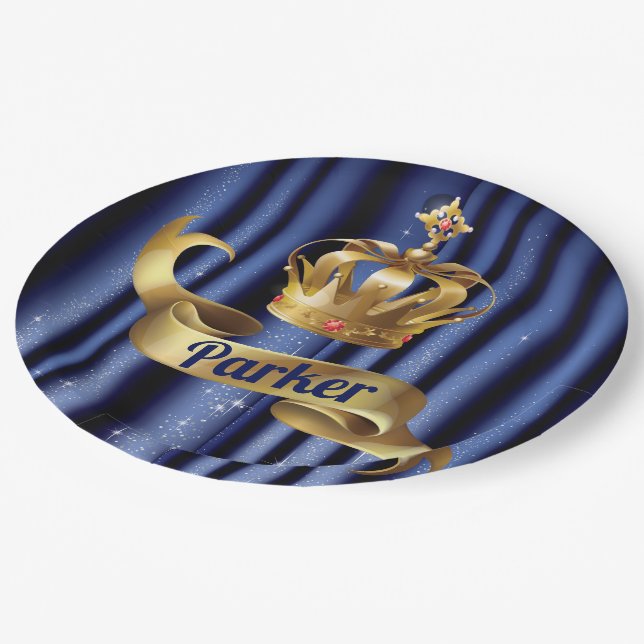 Prato De Papel Royal Blue Dourado Prince Birthday (Inclinado)