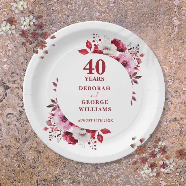 Prato De Papel Ruby Modern Floral 40º Aniversário de Casamento (Ruby Modern Floral 40th Wedding Anniversary Paper Plates)
