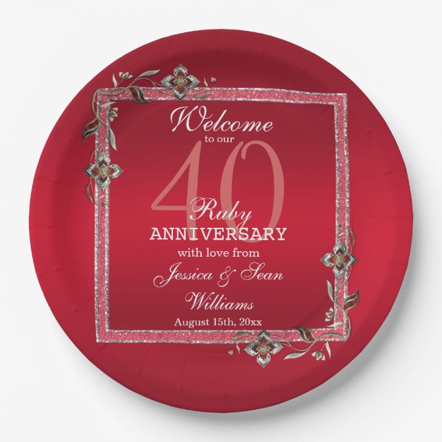 Prato De Papel Ruby Red Gems & Glitter Ruby 40TH Wedding (Frente)