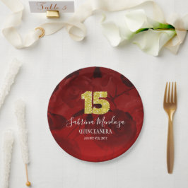Prato De Papel Ruby Red Quinceanera Dourada #15 Placas de Papel