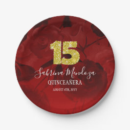 Prato De Papel Ruby Red Quinceanera Dourada #15 Placas de Papel