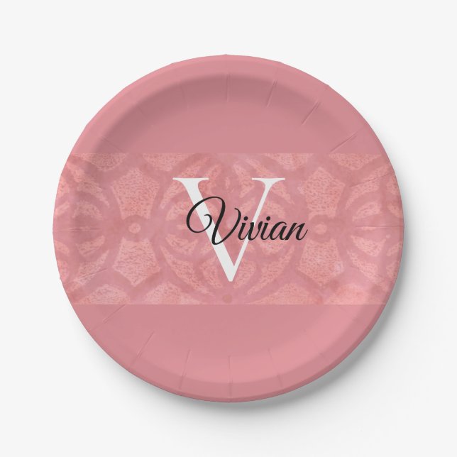 Prato De Papel Ruddy Pink Batik Name Monogrammed (Frente)