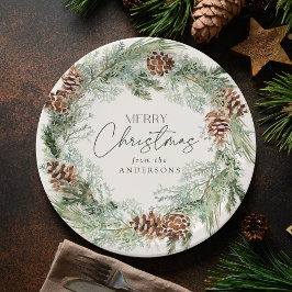 Prato De Papel Rush Watercolor Pine Cone Wreath Feliz Natal