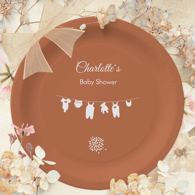 Prato De Papel Rust Boho Chá de fraldas neutro de gênero minimali (Rust Boho Minimalist Gender Neutral Baby Shower Paper Plates ©Susanne Sachers - Sunny Mind 🌞)