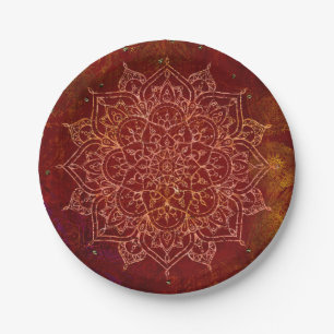 Prato De Papel Rust Red Mandala Dourado Glam Moderna Chic