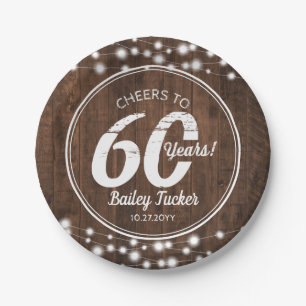 Prato De Papel Rustic 60th Birthday String Lights Festa de aniver