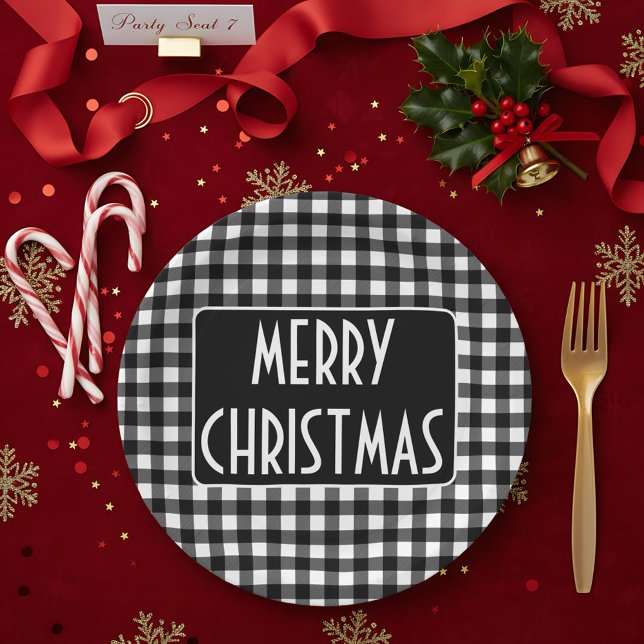 Prato De Papel Rustic Black & White Buffalo Plaid Merry Christmas (Criador carregado)