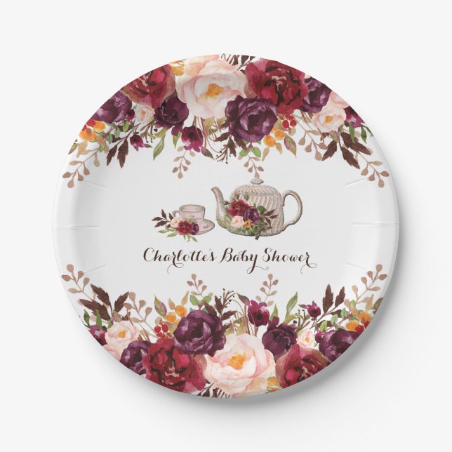 Prato De Papel Rustic Boho Floral Chá Tea Party 7" Placa (Frente)