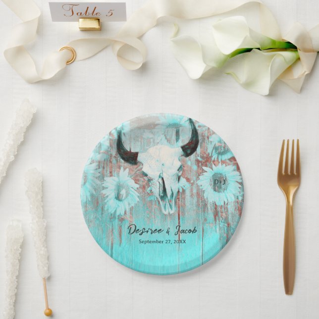 Prato De Papel Rustic Boho Teal Western Sunflower Bull Crânio (Casamento)