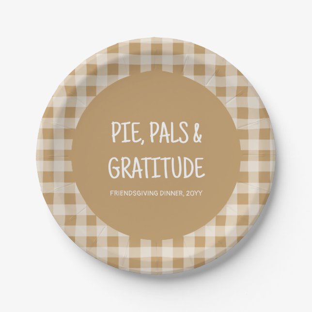 Prato De Papel Rustic Brown Gingham Friendsgiving Dinner Party (Frente)