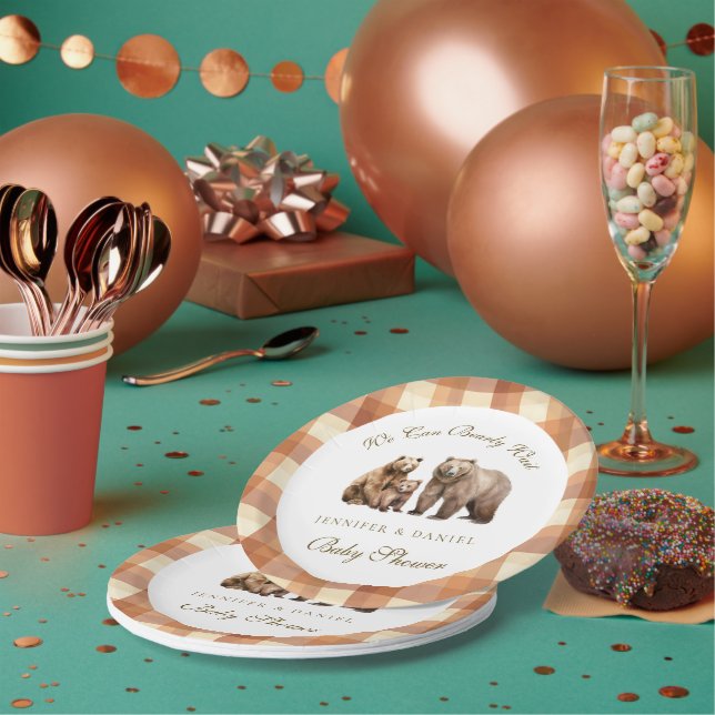 Prato De Papel Rustic Brown Plaid Grizzly Bear Family Baby Shower (Múltiplo)