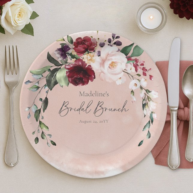 Prato De Papel Rustic Burgundy & Blush Pink Roses Bridal Brunch (Rustic Burgundy & Blush Pink Roses Bridal Brunch Paper Plates)