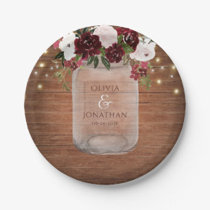 Prato De Papel Rustic Burgundy Floral Mason Jar Wedding