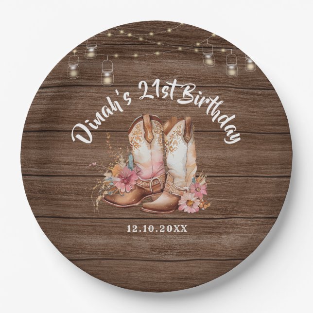 Prato De Papel Rustic Country Boots Cowgirl Aniversário (Frente)