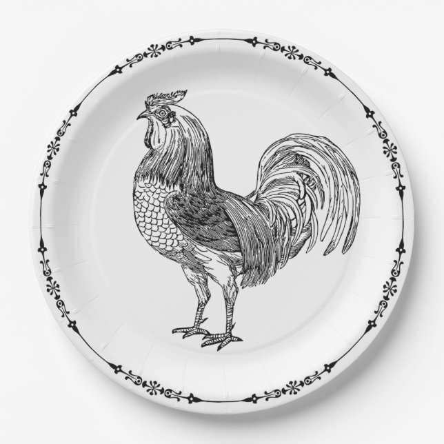 Prato De Papel Rustic Country Rooster Black and White (Frente)