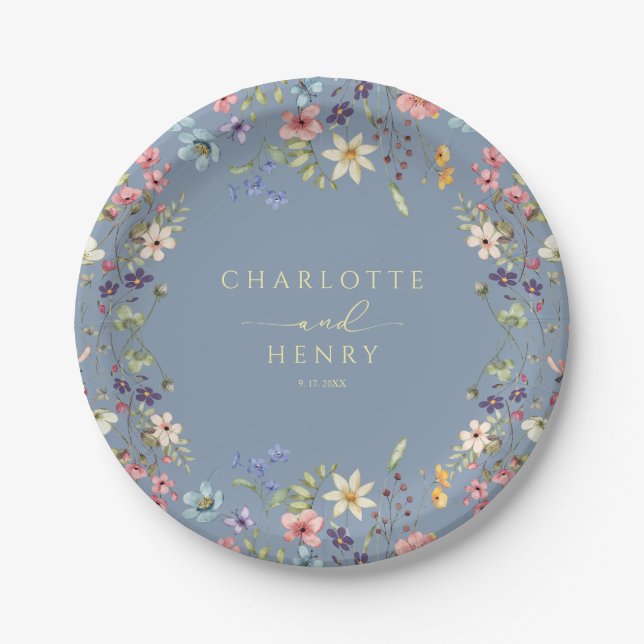 Prato De Papel Rustic Floral Wildflower Simple Blue Weding (Frente)