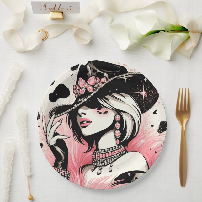 Prato De Papel Rustic Glam Cowgirl Pink Sparkle Cowhide Aniversár (Casamento)