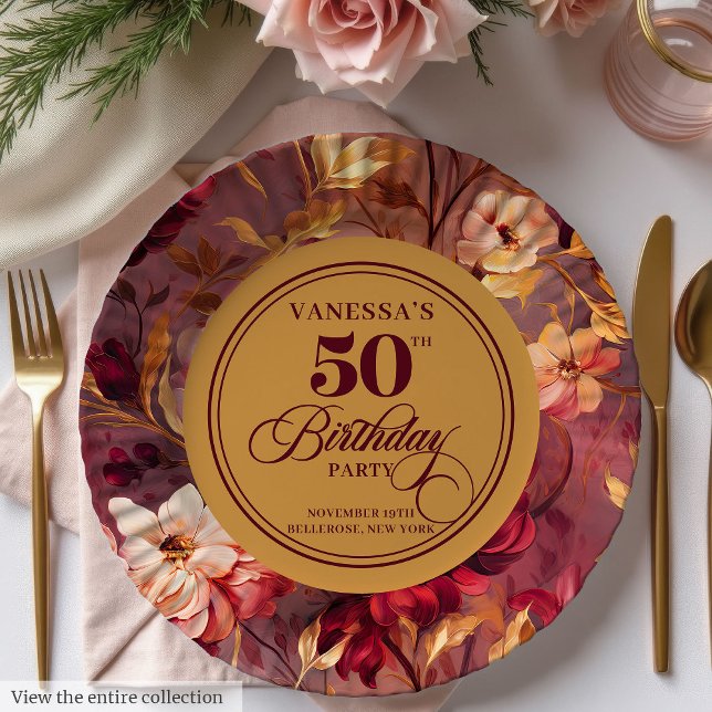 Prato De Papel Rustic Merlot Bege Flores Douradas Aniversário de  (Rustic Merlot Blush Gold Flowers 50th Birthday Paper Plates )