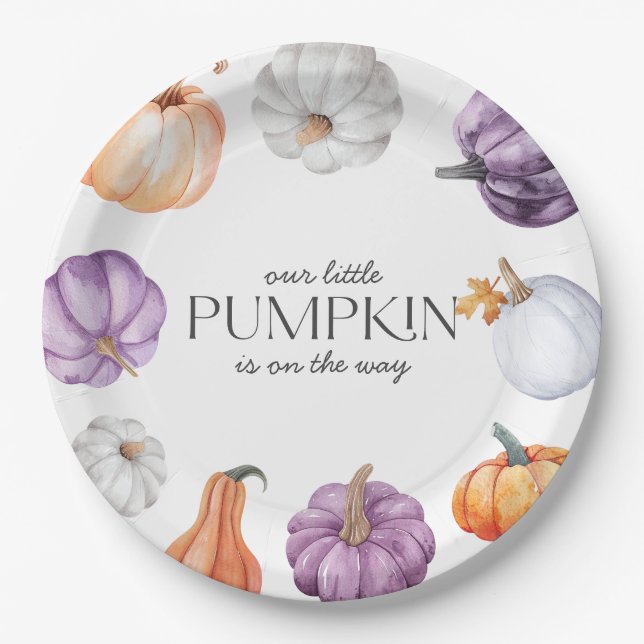 Prato De Papel Rustic Purple Orange White Pumpkin Baby Shower (Frente)