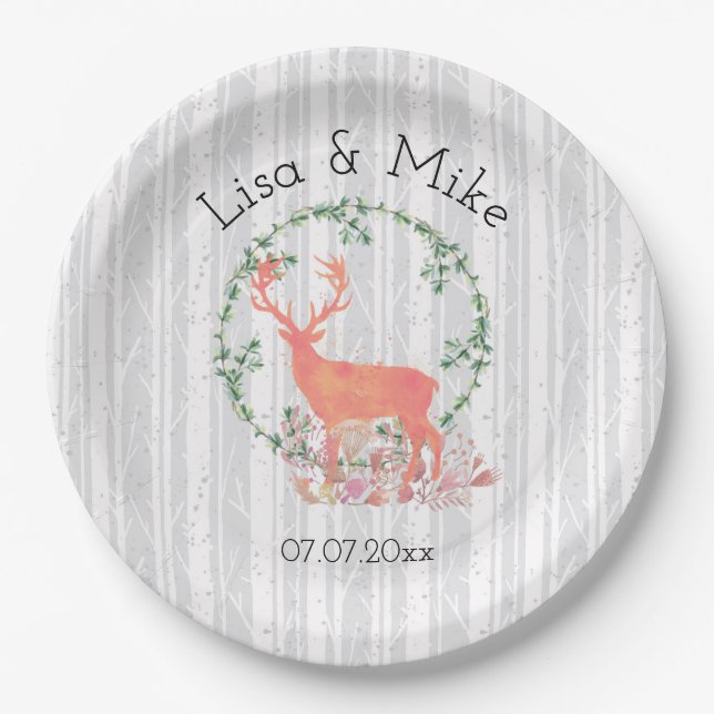 Prato De Papel Rustic Reindeer Boho Watercolor Casamento (Frente)