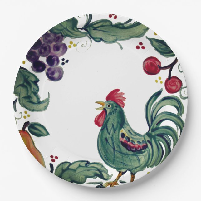 Prato De Papel Rustic Rooster & Fruta Colorida Farmhouse Tuscan (Frente)