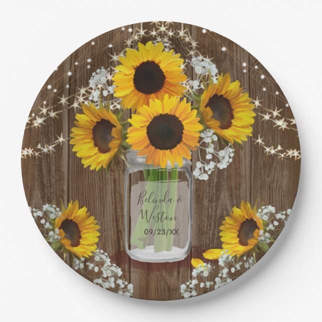 Prato De Papel Rustic Sunflower e Mason Jar Wedding (Frente)