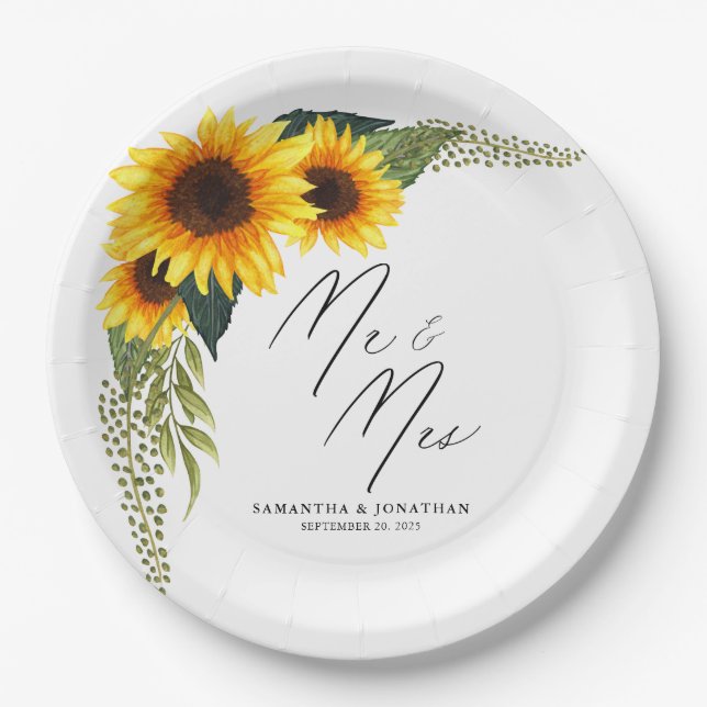 Prato De Papel Rustic Sunflower Script Sr. e Sra. Wedding (Frente)