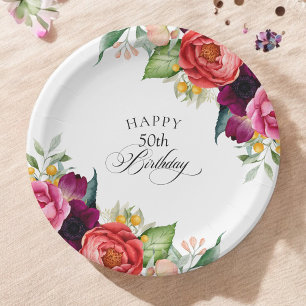 Prato De Papel Rustic Watercolor Floral 50ª Festa de aniversário