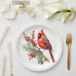 Prato De Papel Rustic Watercolor Winter Cardinal Holly Branch