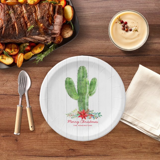 Prato De Papel Rustic Wood Floral Cactus Natal (Rustic Wood Floral Cactus Christmas Paper Plates)