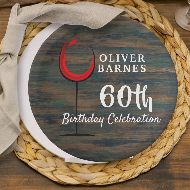 Prato De Papel Rústica Madeira Vinho Vermelho 60ª Festa de aniver (Criador carregado)