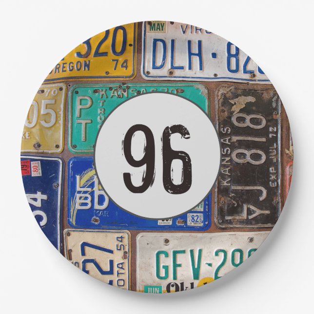 Prato De Papel Rusty License Plates 96º aniversário (Frente)