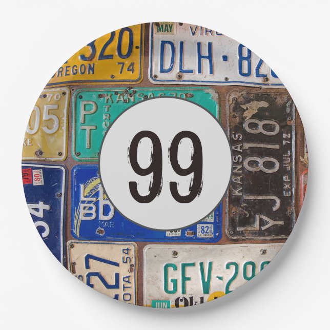 Prato De Papel Rusty License Plates 99º aniversário (Frente)